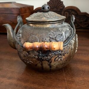 Antique Ornate Golden Bronze BrassTeapot Bamboo Handle Asian Vintage